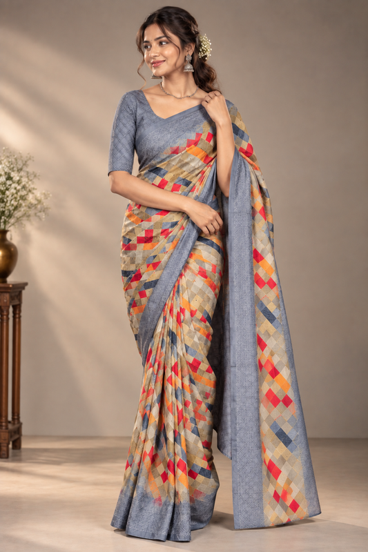 Modal Silk Saree with Printed Border & Blouse