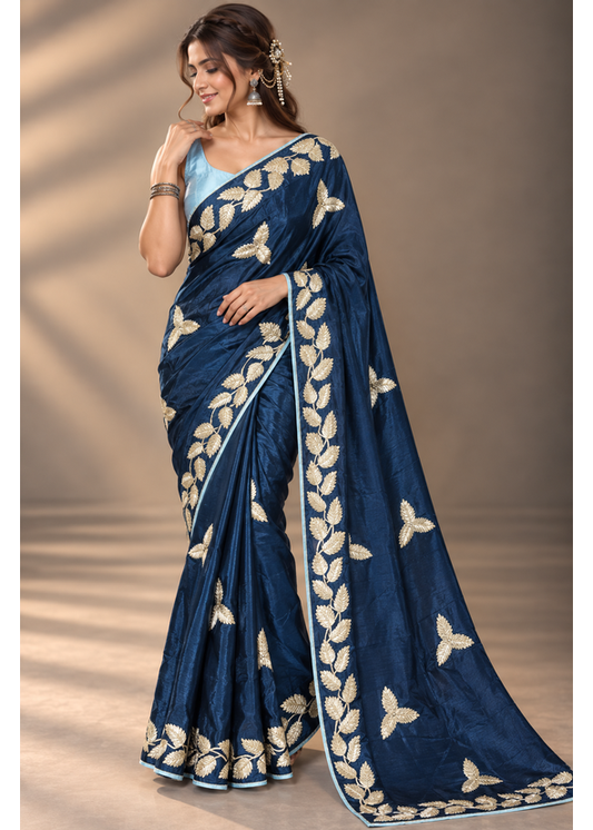 Kalpatru Satin Silk Saree with Embroidered Leaf Border & Blouse