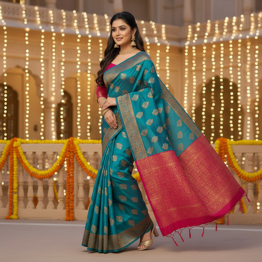 Mamta Handwoven Silk Saree – Festive Gold Zari Motifs