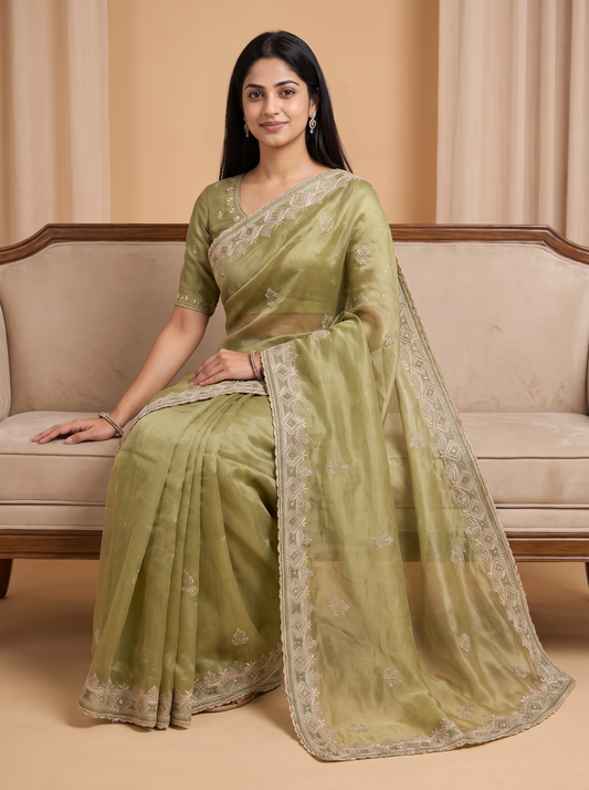 Organza Designer Saree with Embroidered Border 💜