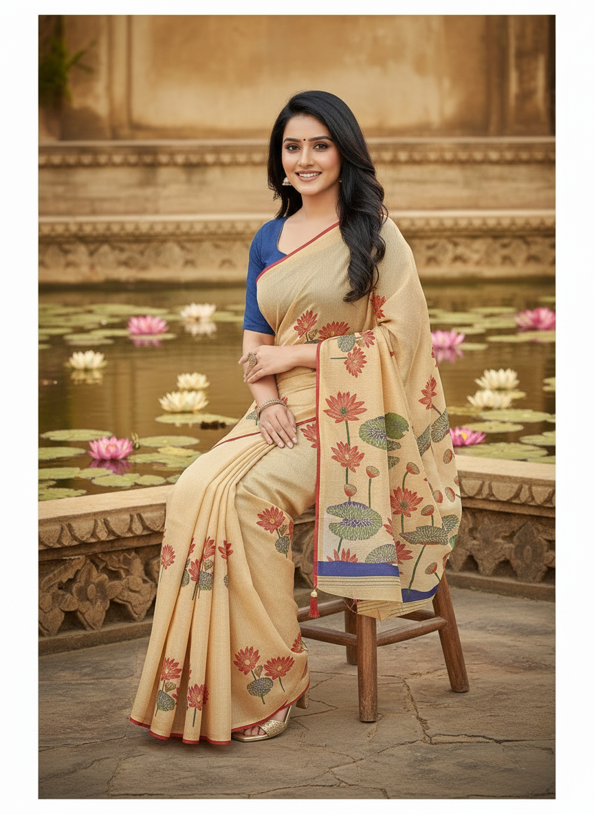 Khushi Beige Lotus Print Saree with Contrast Border-Cotton