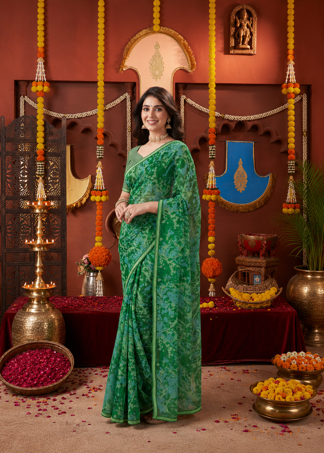 Suvarnika Luxury Printed Georgette Saree with Abstract print & Refined Border (Green)