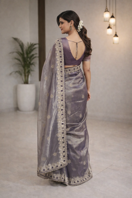 Organza Designer Saree with Embroidered Border 💜