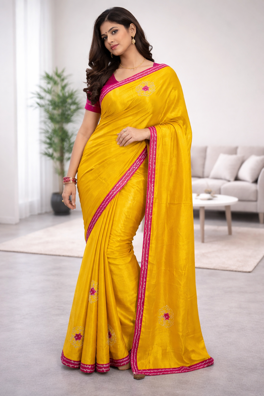 Hariyali | Silk Designer Saree with Contrast Border, Embroidered Motifs