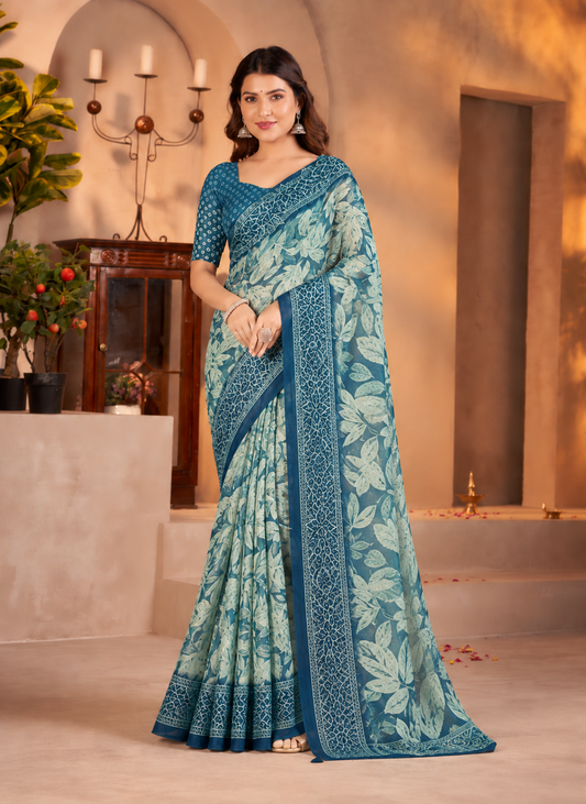 Kesariya Soft Georgette Heritage Leaf Print Saree with Classic Border