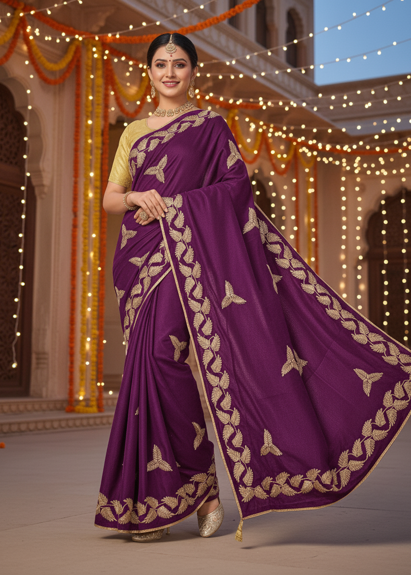 Kalpattaru Chiffon Gota Patti Motifs Embroidered Saree for Women Festive Ethnic Wear