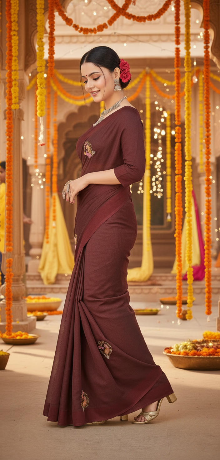 Jasmine Maroon Embroidered Saree for Women | Festive Ethnic Wear