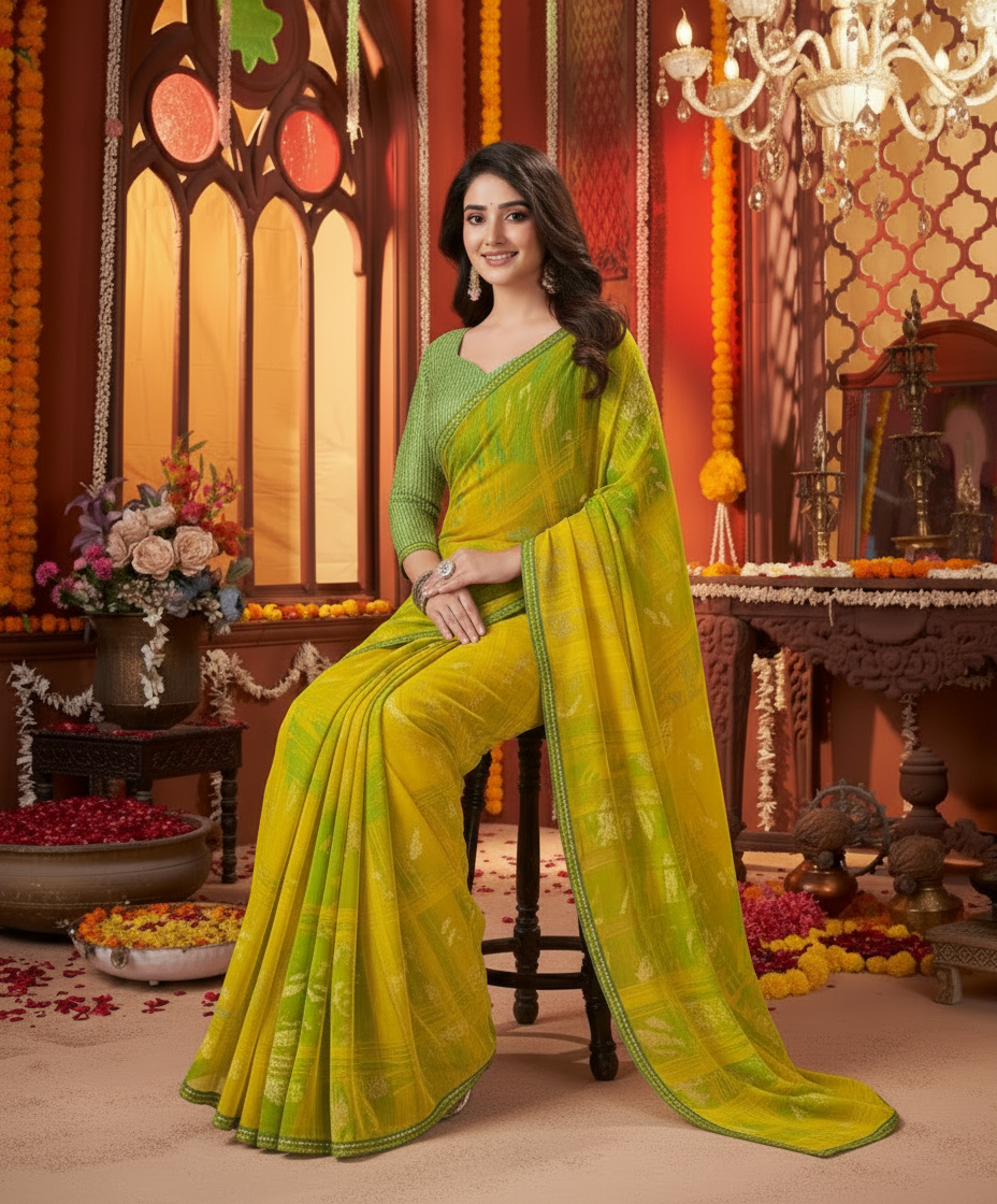 Suvarnika Luxury Printed Georgette Saree with Abstract print & Refined Border (Lime Green)