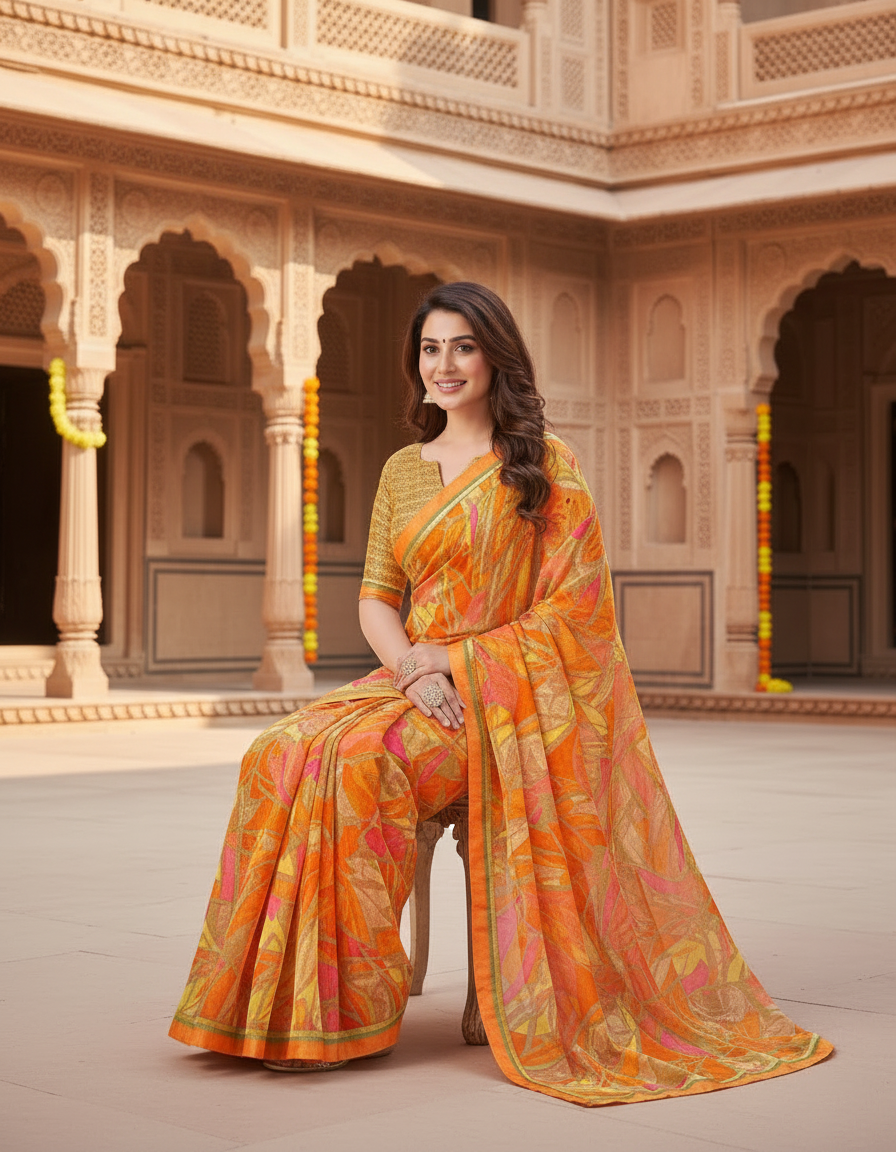 Suvarnika Luxury Printed Georgette Saree with Abstract print & Refined Border (Orange)