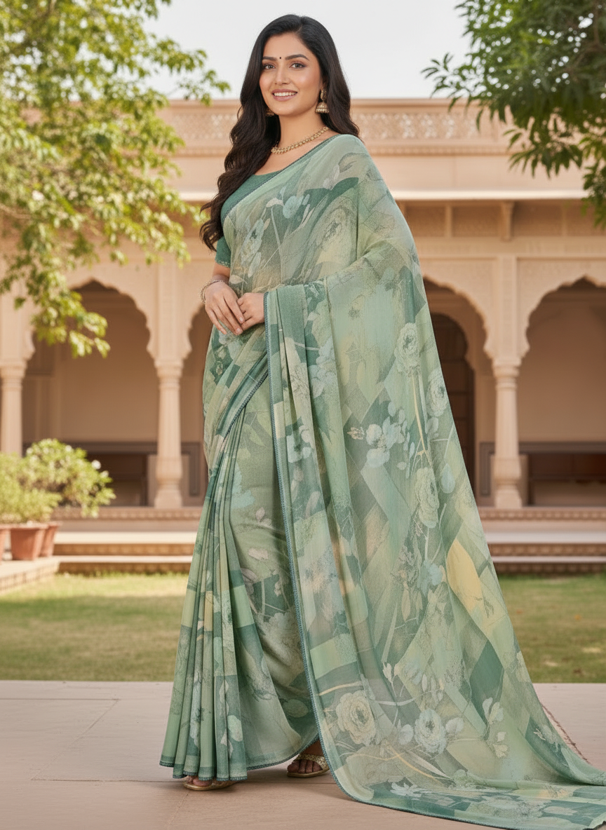 Varnika Soft Georgette Printed Saree – Floral Elegance