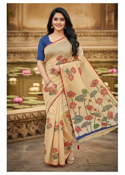 Khushi | Beige Lotus Print Cotton Blend / Linen-Look Saree 🌸✨