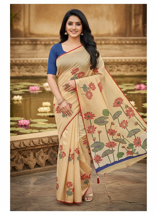 Khushi Beige Lotus Print Saree with Contrast Border-Cotton