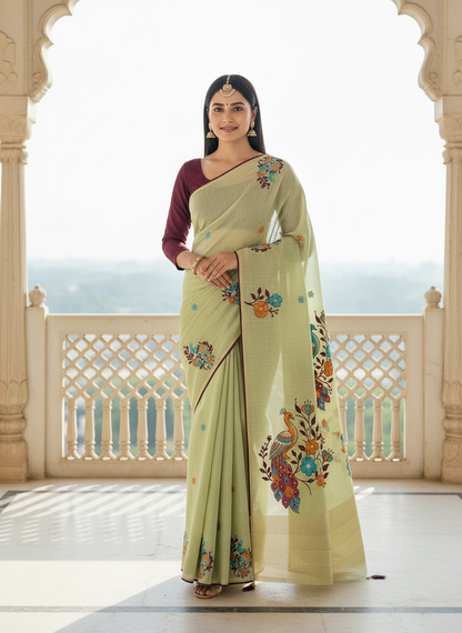 Khushi  | Pastel Green Cotton Silk / Linen Silk Look Peacock Saree 🌿✨