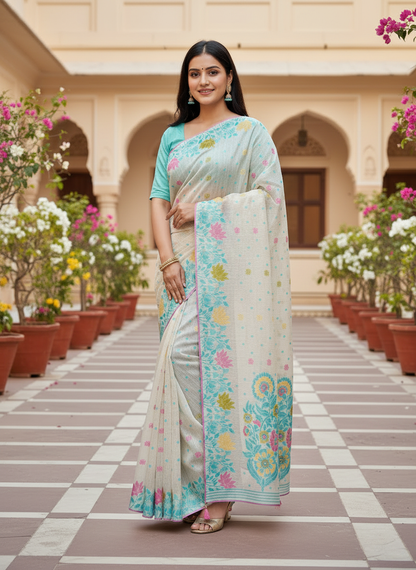 Khushi | Soft Cotton Blend Off- White Floral Printed Saree 🌸💙