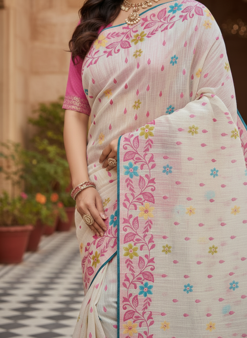 Khushi Off-White Floral Printed Saree with Pink Border
