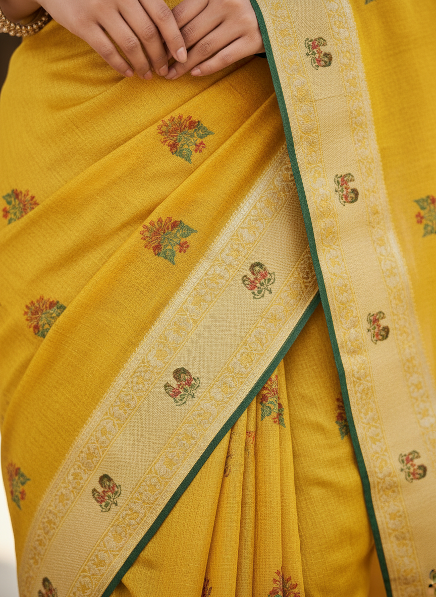 Khushi Mustard Yellow Floral Motif Saree with Traditional Border-Cotton