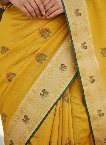 Khushi | Mustard Yellow Floral Motif Saree with Traditional Border-Cotton