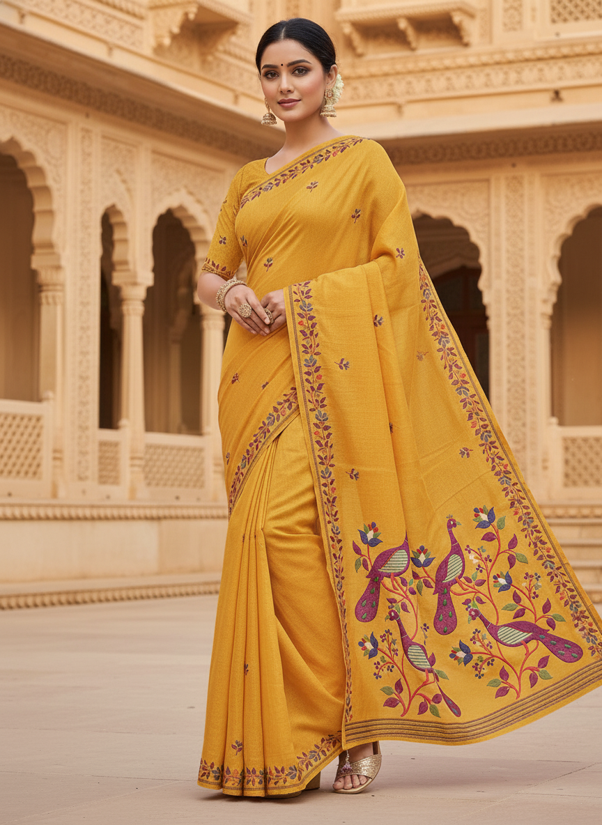 Khushi Mustard Yellow Peacock Motif Embroidered Cotton Saree