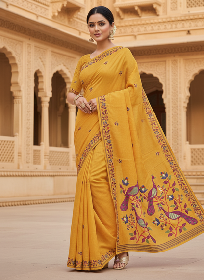 Khushi | Mustard Yellow Soft Cotton Blend Printed Saree 💛✨