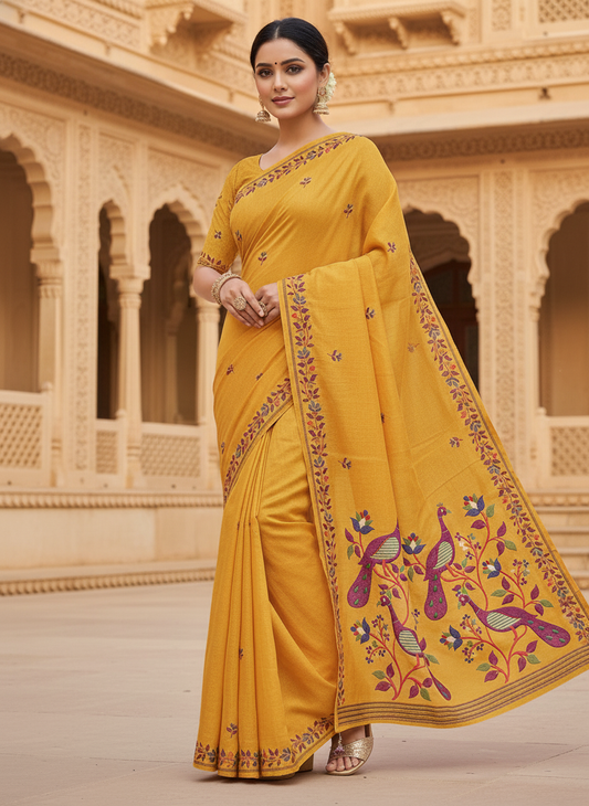 Khushi Mustard Yellow Peacock Motif Embroidered Cotton Saree