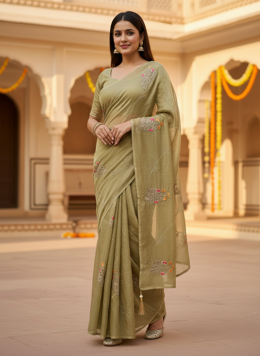 Lily-Elegant Embroidered Organza Silk Saree with Floral Motifs-Organza Silk