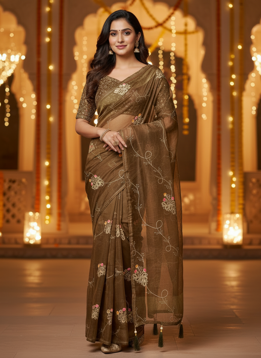 Lily-Elegant Embroidered Organza Silk Saree with Floral Motifs-Organza Silk