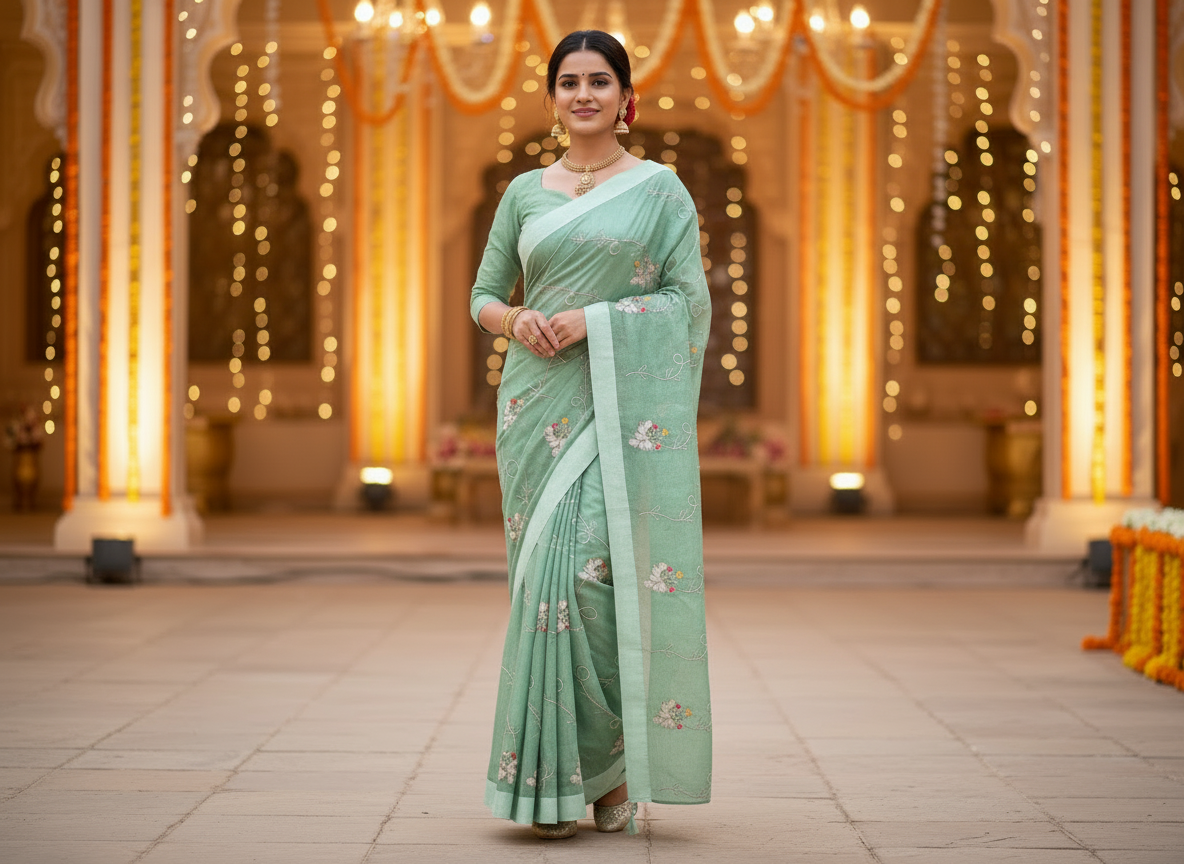 Lily-Elegant Embroidered Organza Silk Saree with Floral Motifs-Organza Silk