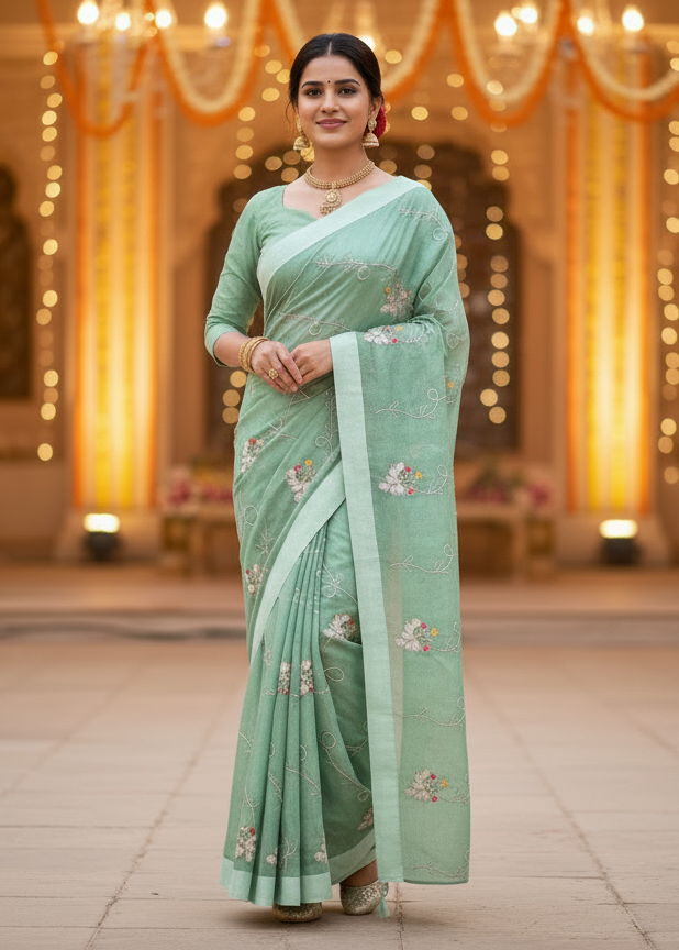 Lily-Elegant Organza Silk Embroidered  Saree with Floral Motifs