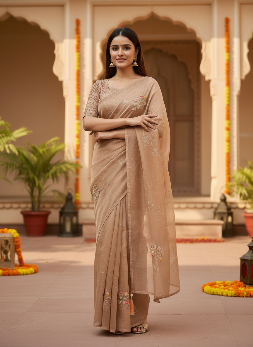 Lily-Elegant Embroidered Organza Silk Saree with Floral Motifs-Organza Silk