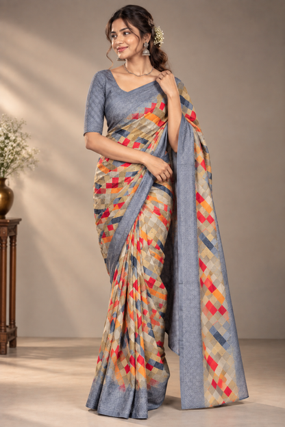 Modal Silk Saree with Printed Border & Blouse
