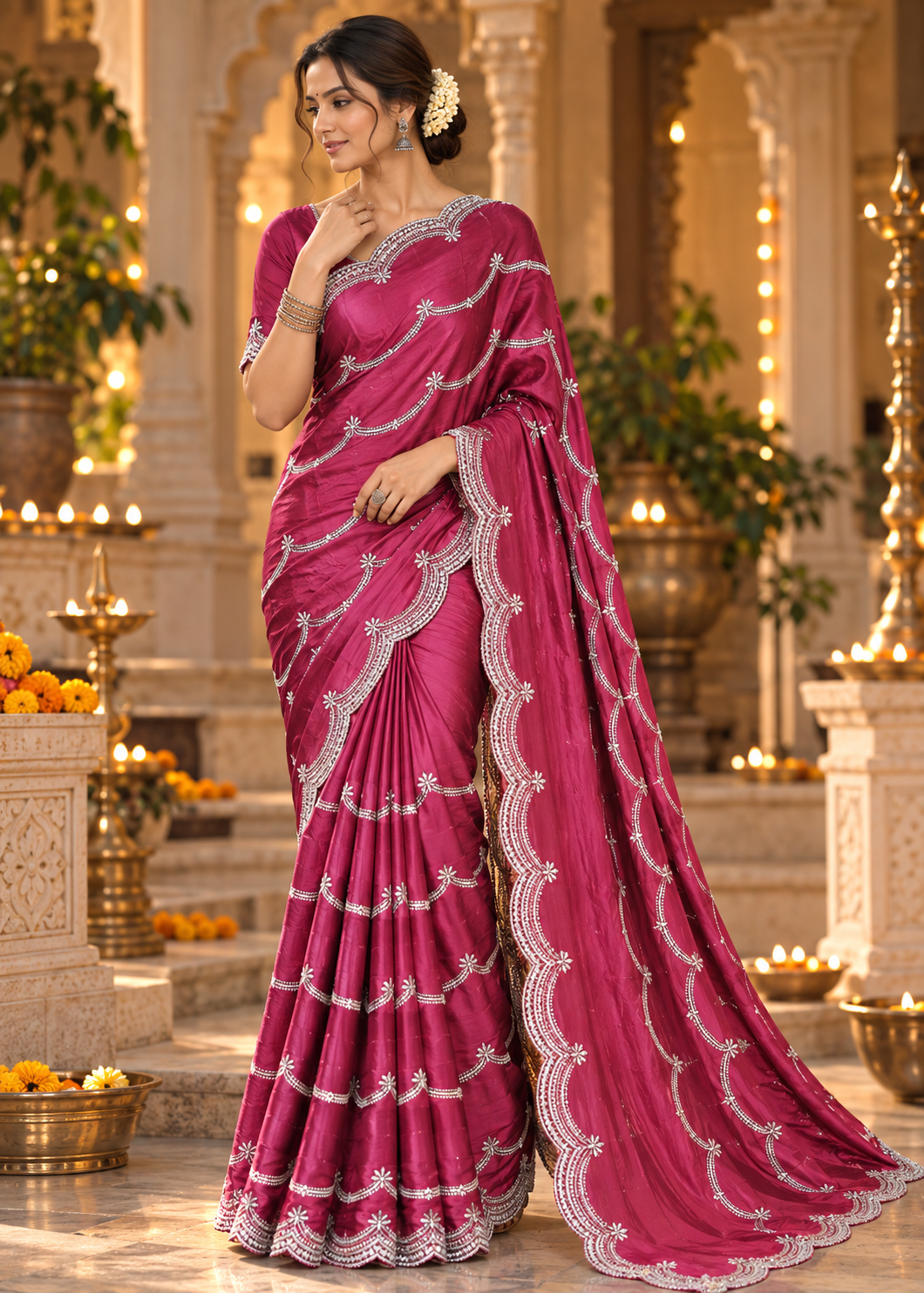 Satin Saree with Embroidered Scalloped Border & Blouse