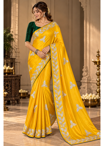 Kalpatru Satin Silk Saree with Embroidered Leaf Border & Blouse