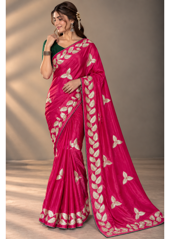 Kalpatru Satin Silk Saree with Embroidered Leaf Border & Blouse
