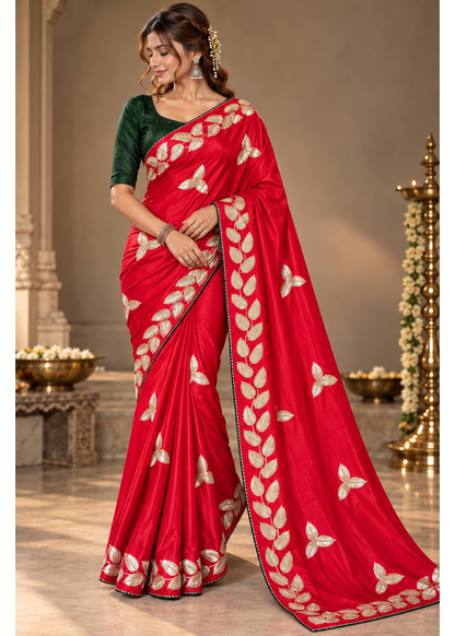 Kalpatru Satin Silk Saree with Embroidered Leaf Border & Blouse