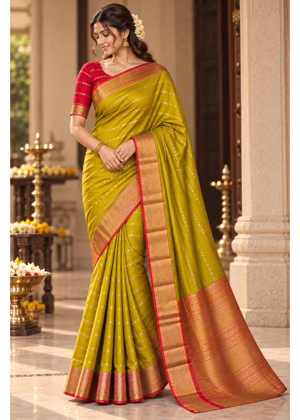 Bangalore Silk Saree with Zari Border & Unstitched Blouse