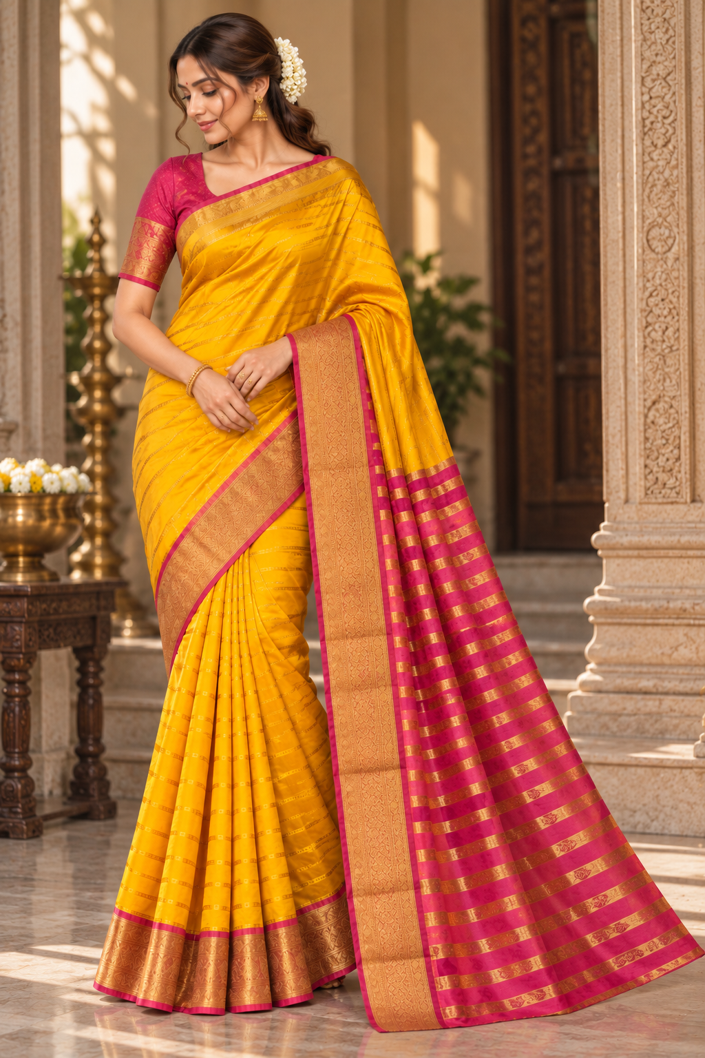 Bangalore Silk Saree with Zari Border & Unstitched Blouse