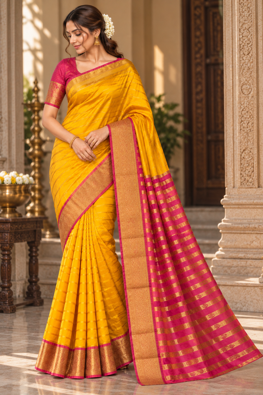 Bangalore Silk Saree with Zari Border & Unstitched Blouse