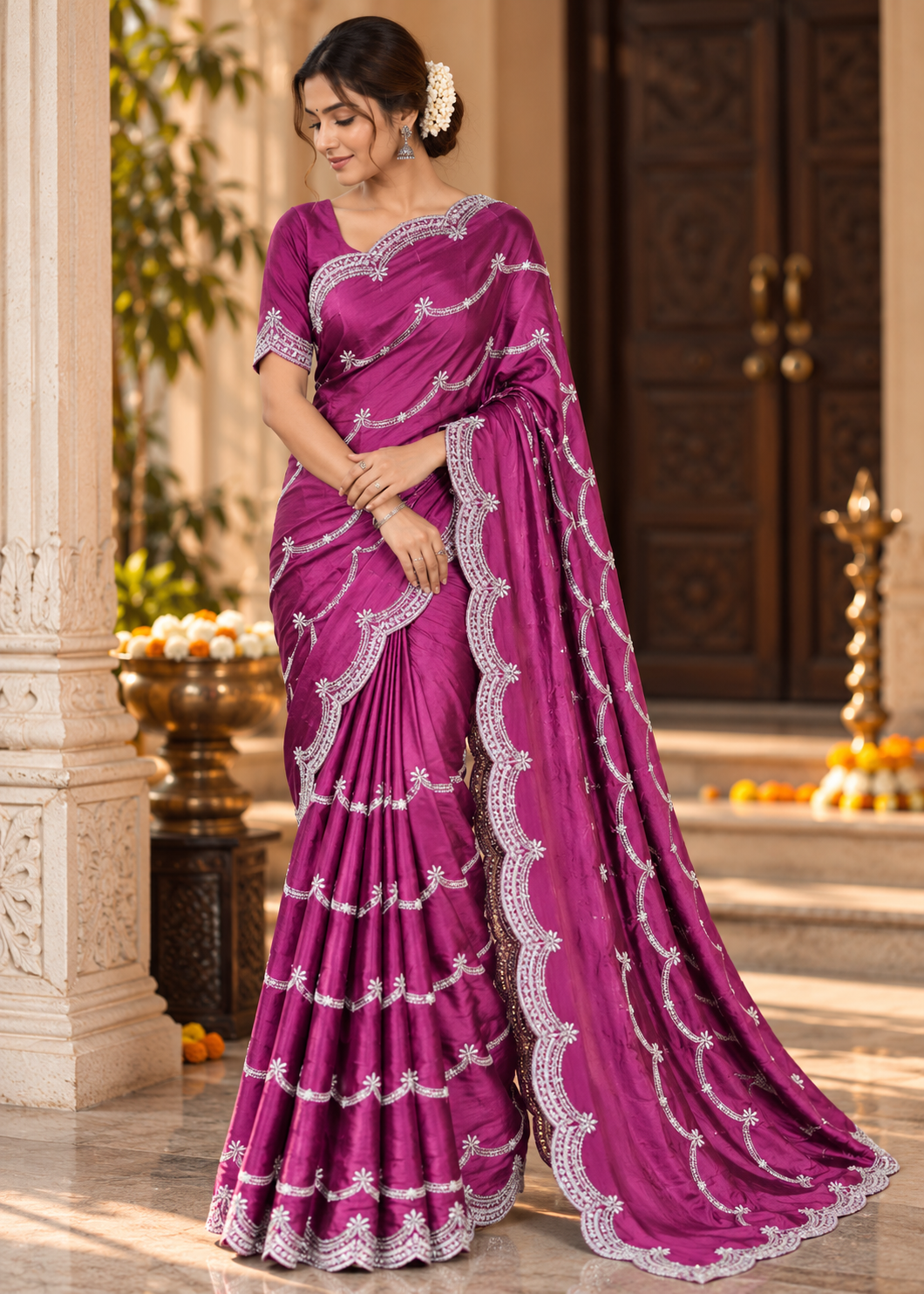 Satin Saree with Embroidered Scalloped Border & Blouse