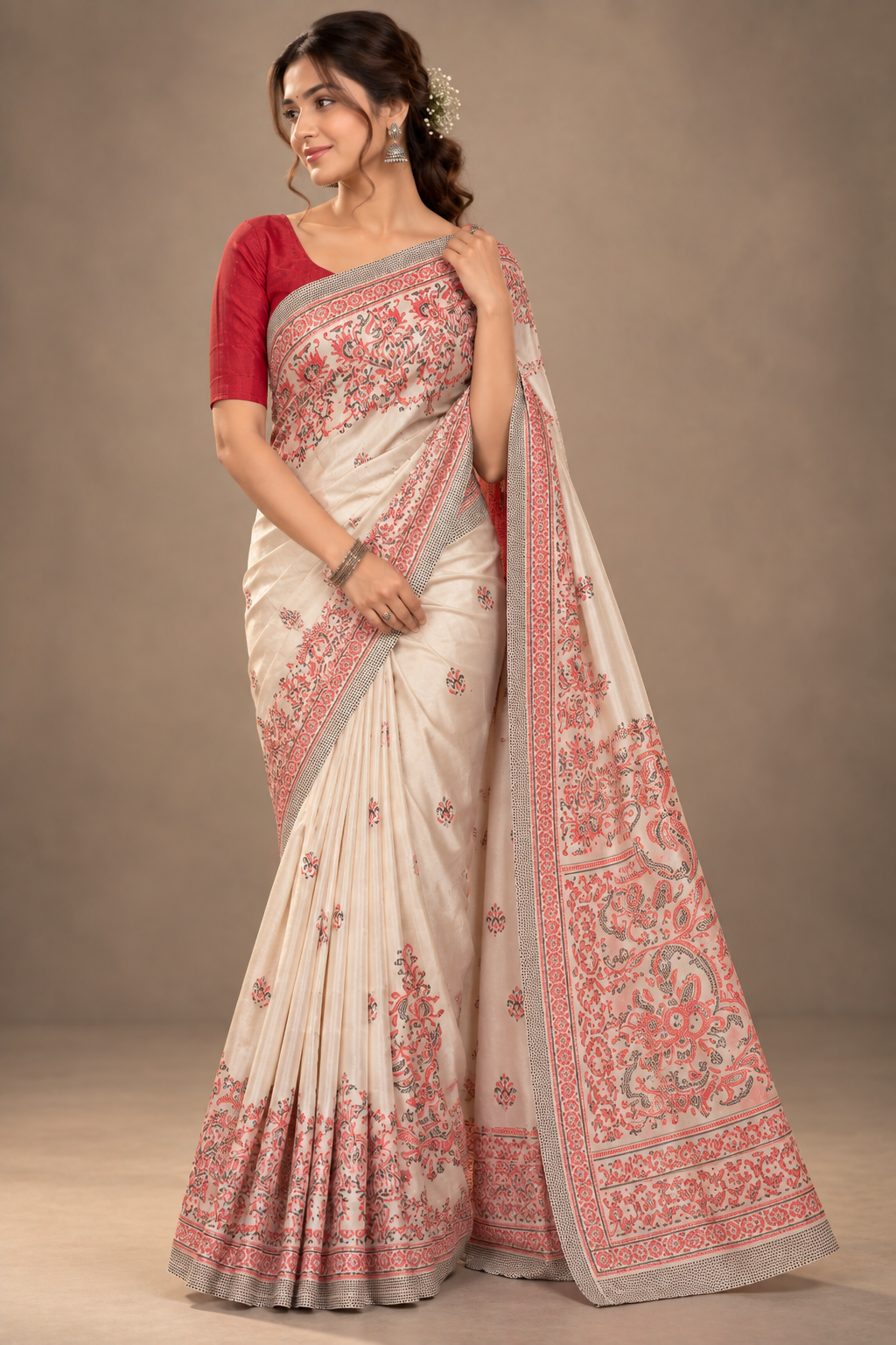 Modal Silk Saree with Printed Border & Blouse