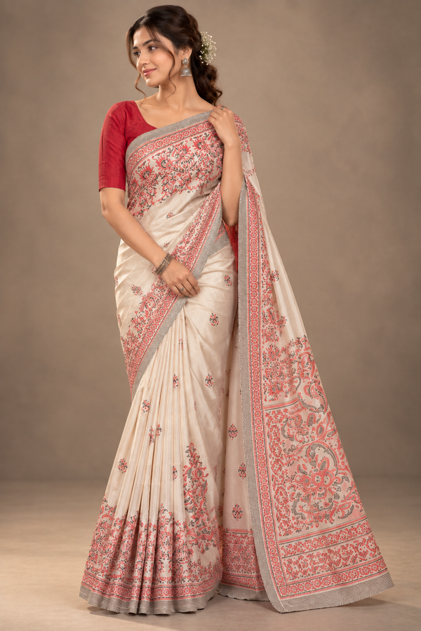 Modal Silk Saree with Printed Border & Blouse
