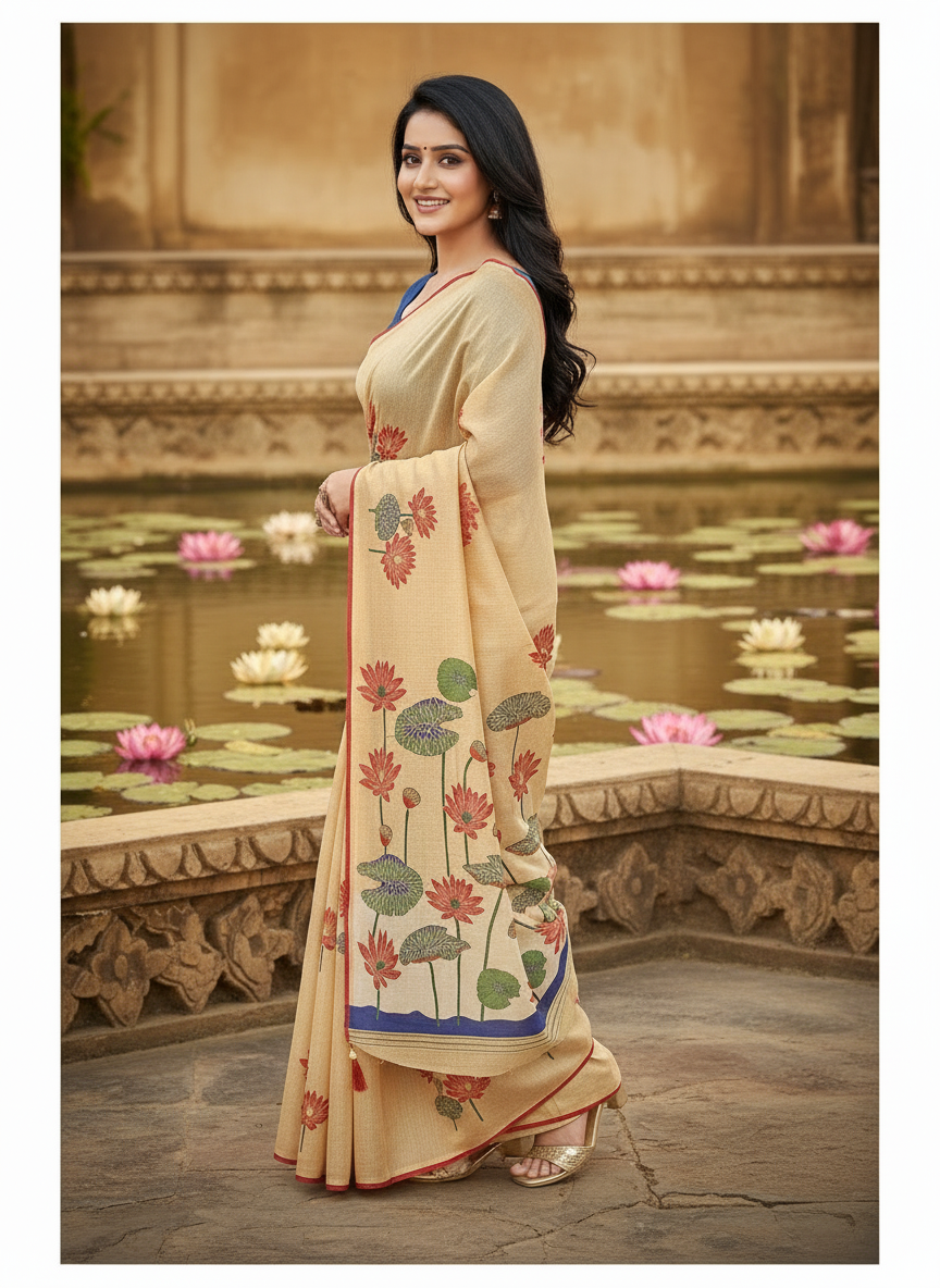Khushi Beige Lotus Print Saree with Contrast Border-Cotton