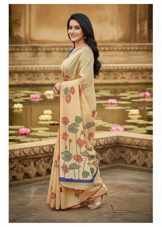 Khushi | Beige Lotus Print Cotton Blend / Linen-Look Saree 🌸✨