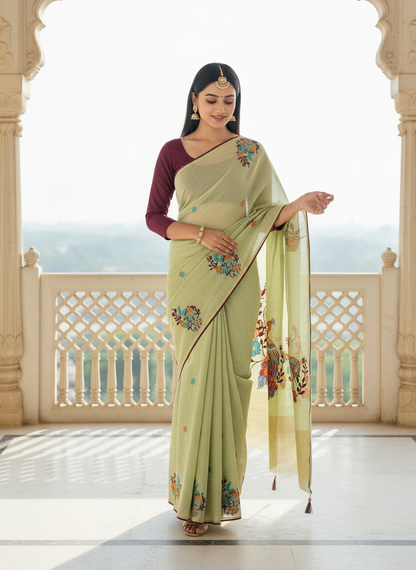 Khushi  | Pastel Green Cotton Silk / Linen Silk Look Peacock Saree 🌿✨