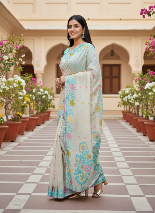 Khushi | Soft Cotton Blend Off- White Floral Printed Saree 🌸💙