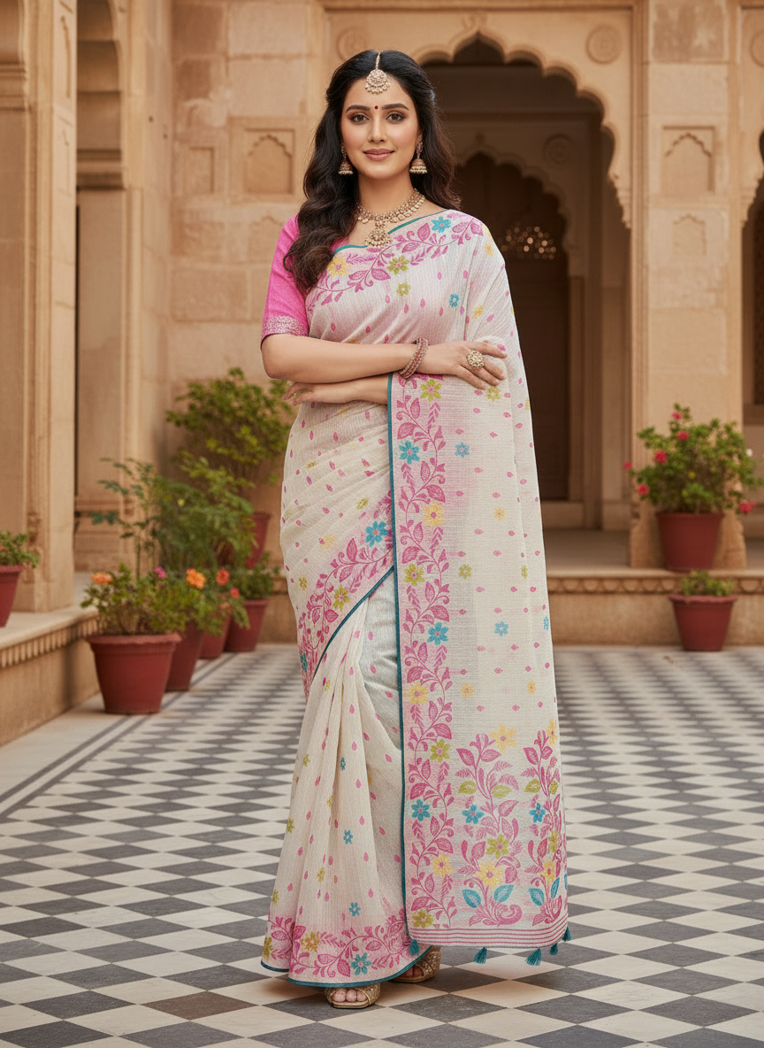 Khushi Off-White Floral Printed Saree with Pink Border