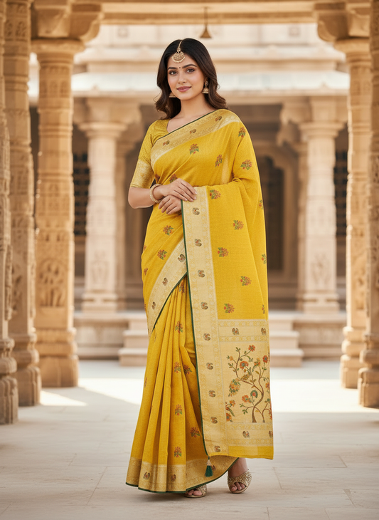 Khushi Mustard Yellow Floral Motif Saree with Traditional Border-Cotton