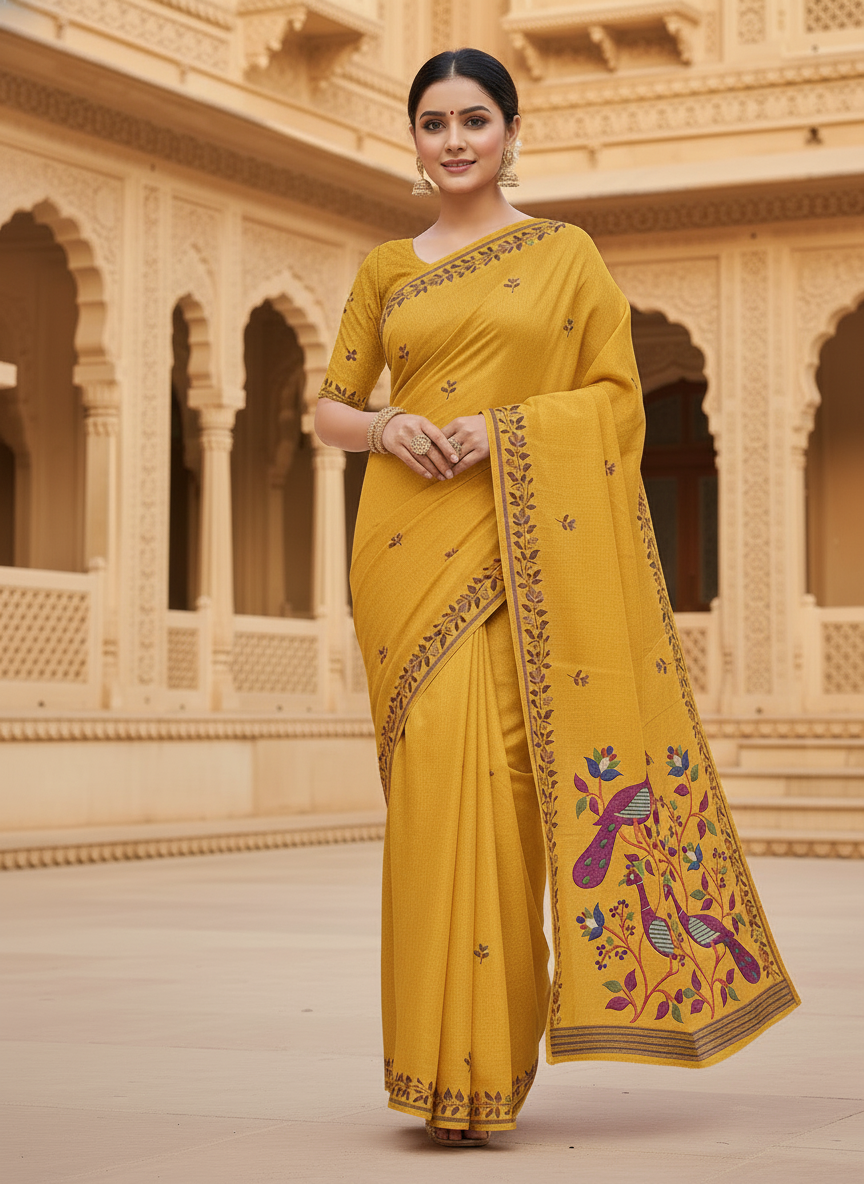 Khushi Mustard Yellow Peacock Motif Embroidered Cotton Saree