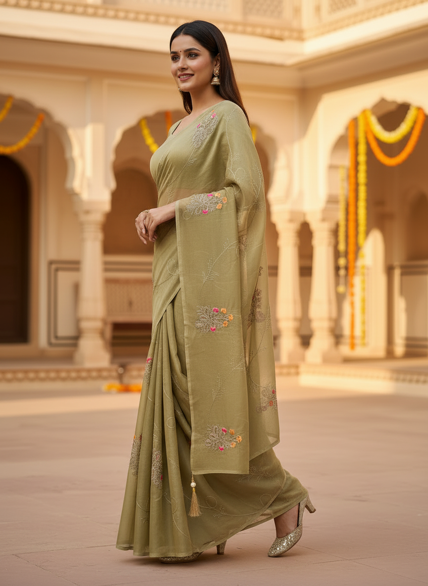 Lily-Elegant Embroidered Organza Silk Saree with Floral Motifs-Organza Silk