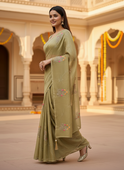 Lily-Elegant Organza Silk Embroidered  Saree with Floral Motifs