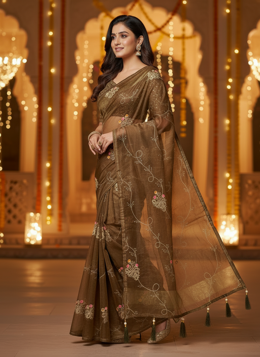 Lily-Elegant Embroidered Organza Silk Saree with Floral Motifs-Organza Silk